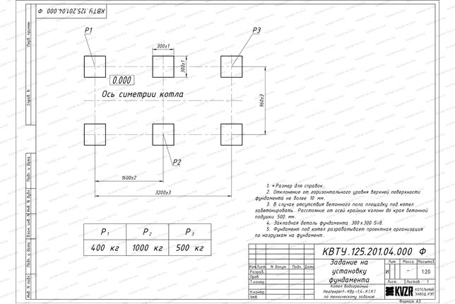 Чертеж изготовления фундамента котла КВр 1.4 с колосниками