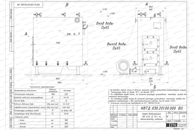 Чертеж котла на дровах 0.35 МВт с колосниками